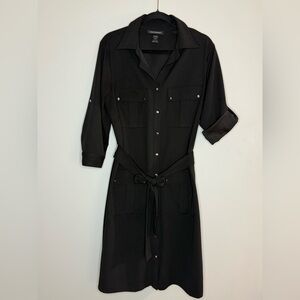 Ashley Stewart Black Shirt Dress Button Front Belted Midi Career Workwear